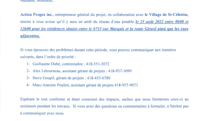 AVIS DE COUPURE D'EAU ET AVIS D'ÉBULLITION PRÉVENTIF