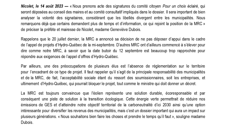 La MRC de Nicolet-Yamaska prend acte du dépôt des pétitions dans le dossier éolien