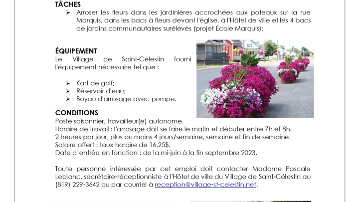 OFFRE D'EMPLOI - PRÉPOSÉ(E) À L'ARROSAGE DES FLEURS