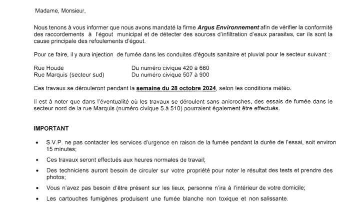 AVIS AUX CITOYENS - VISITE D'INSPECTION : ESSAIS À LA FUMÉE