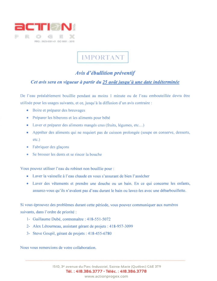 AVIS D'ÉBULLITION PRÉVENTIF