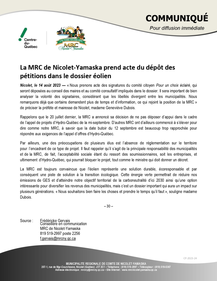 La MRC de Nicolet-Yamaska prend acte du dépôt des pétitions dans le dossier éolien
