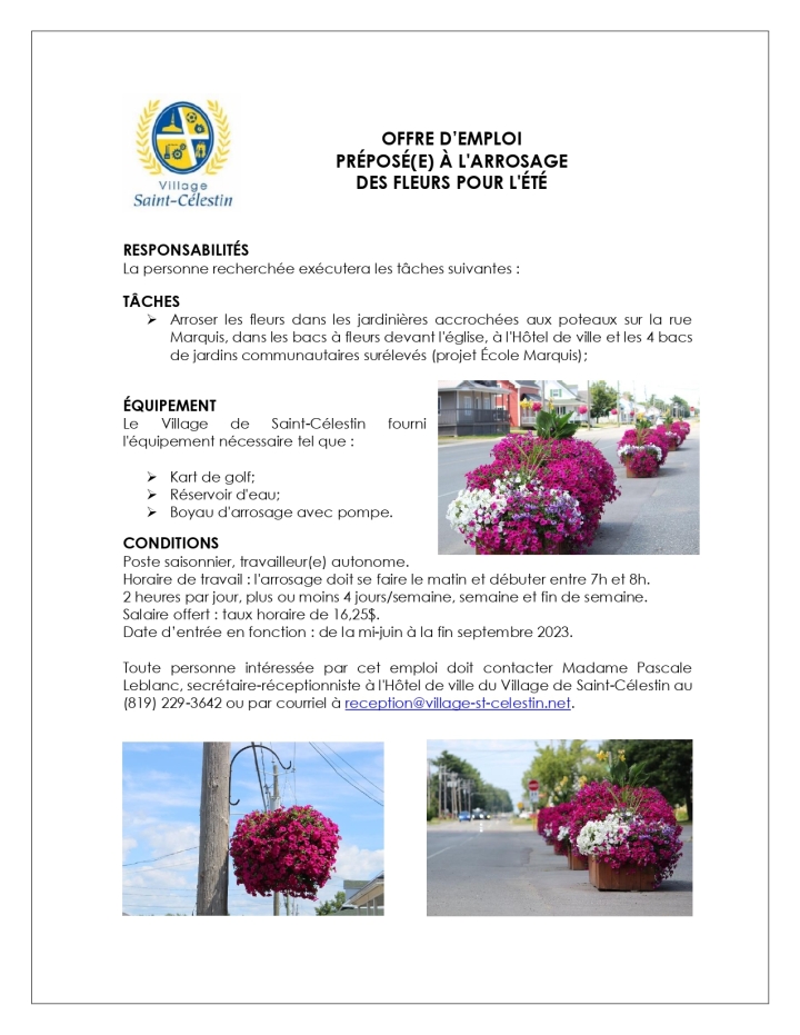 OFFRE D'EMPLOI - PRÉPOSÉ(E) À L'ARROSAGE DES FLEURS