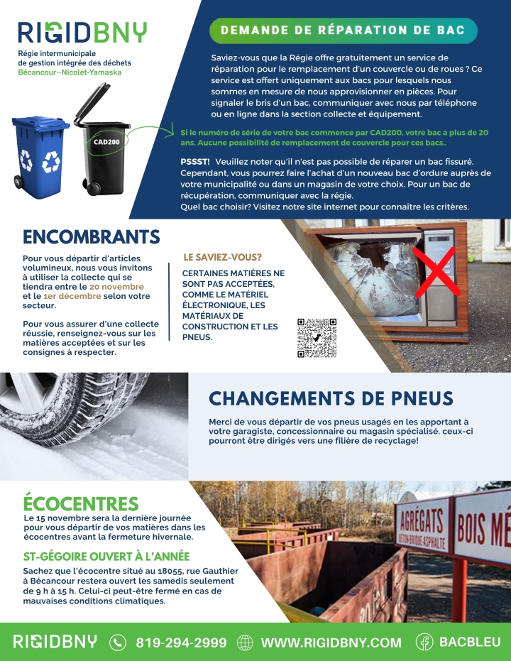 DES NOUVELLES DE LA RÉGIE INTERMUNICIPALE DE GESTION INTÉGRÉE DES DÉCHETS BÉCANCOUR/NICOLET-YAMASKA (RIGIDBNY)