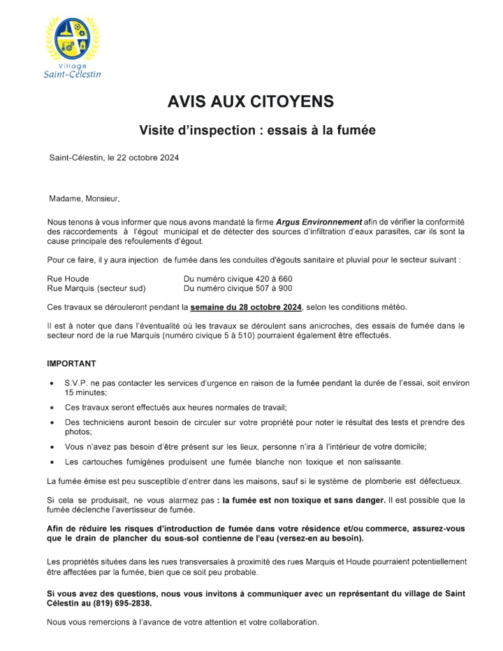 AVIS AUX CITOYENS - VISITE D'INSPECTION : ESSAIS À LA FUMÉE