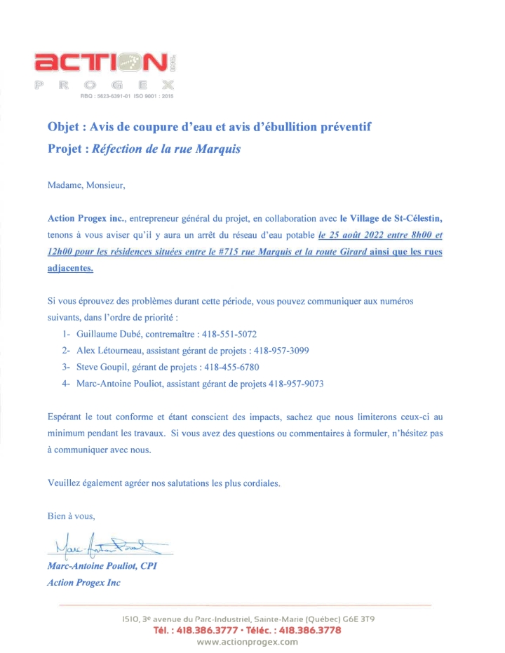 AVIS DE COUPURE D'EAU ET AVIS D'ÉBULLITION PRÉVENTIF